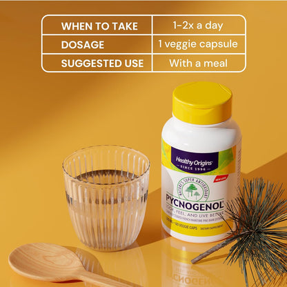 Healthy Origins Pycnogenol 100 mg, Capsules - 100% Clinically Studied French Maritime Pine Bark Extract - Supports Healthy Heart, Joint Health & Skin Elasticity